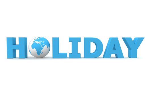 blue word Holiday with 3D globe replacing letter O