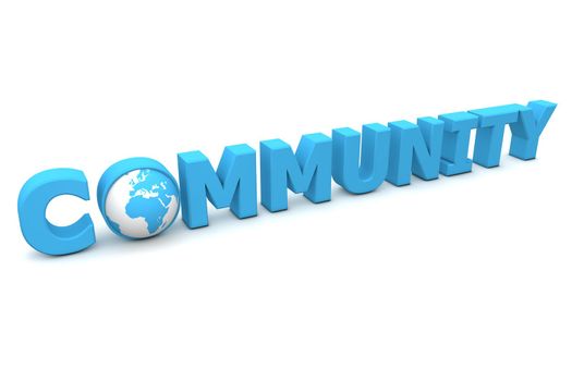 blue word community - letter o added by a globe