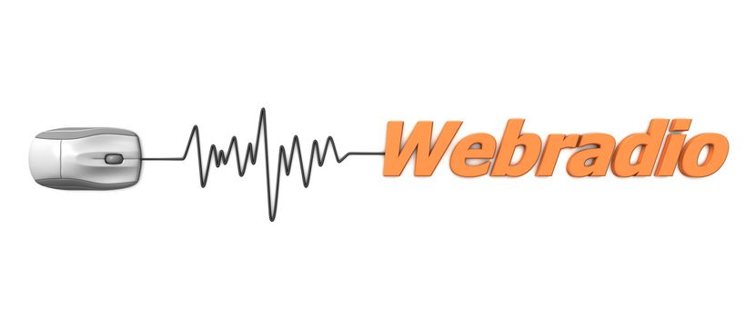 grey computer mouse connected to the orange word Webradio via sine waveform cable