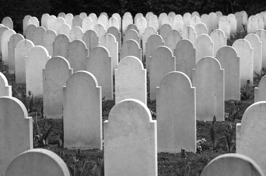 Granite headstones on a WWII memorial cemetery in Hamburg, Germany. Focus on the area around the 3rd row. 