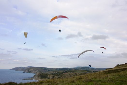 people having fun flying in the sky with parachute