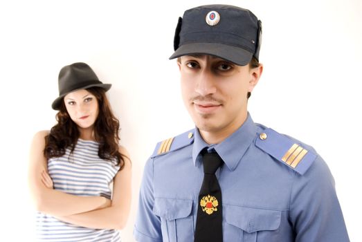 policeman and female criminal isolated on white