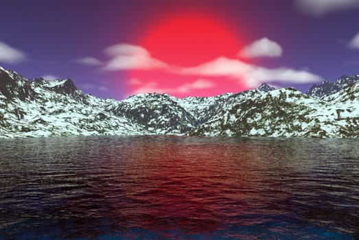 This image shows a mountain lake with red sun