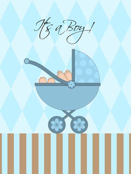 Its A Boy Blue Baby Pram Carriage with Background Illustration