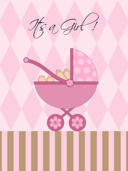 Its A Girl Pink Baby Pram Carriage with Background Illustration