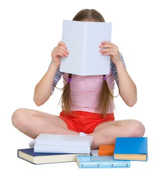 Girl reading the book on the white background