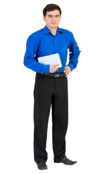Man with books in a hand on a white background