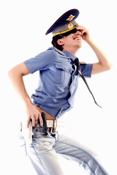 policeman posing isolated on white