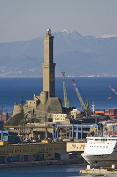 The port of Genova with the lanterna the symbol of the town
