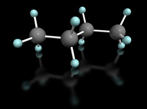 3D molecular model of butane on black background