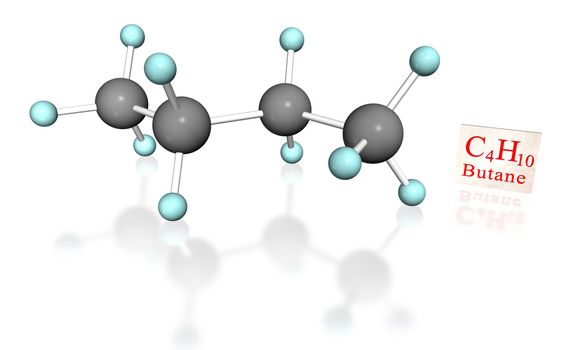3D molecular model of butane with label on white background