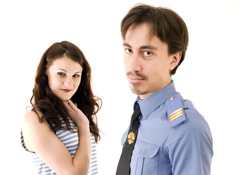 policeman and pretty female criminal isolated on white