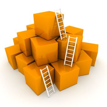 a pile of shiny orange boxes - three bright white ladders are used to climb to the top