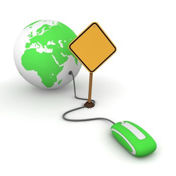green computer mouse is connected to a green globe - surfing and browsing is blocked by a yellow warning sign that cuts the cable - sign as an empty template for your own text