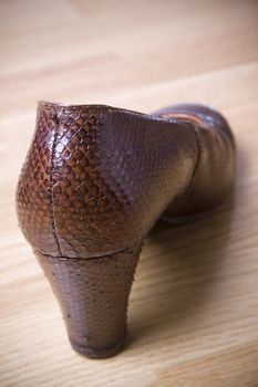 old fashioned brown women's shoe on the wooden floor