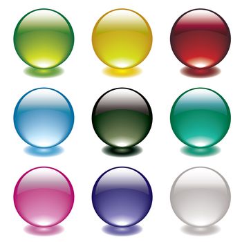 Collection of nine gel filled round bubble icons with bright colorful shadows