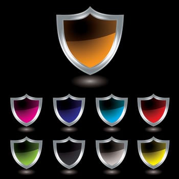 Silver bevel shield with colour variation and drop shadow with black background