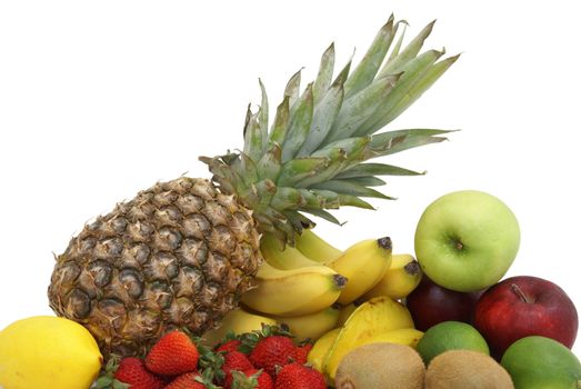 A variety of fruit arranged on white background.