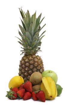 A variety of fruit arranged on white background.