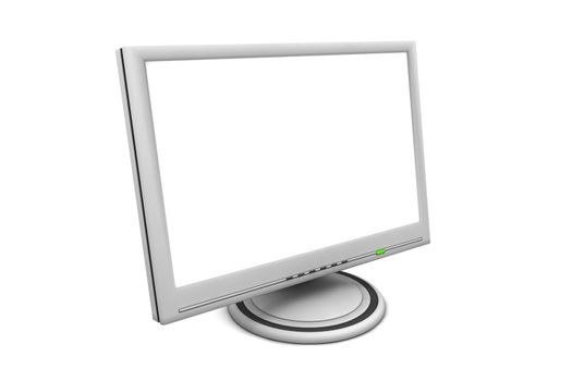 flat screen lcd computer monitor with white screen and a green status led - angular view