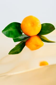 Reflection of tangerine with leaves on the smooth surface