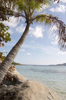 A view of the ocean from the beach of an island paradise.