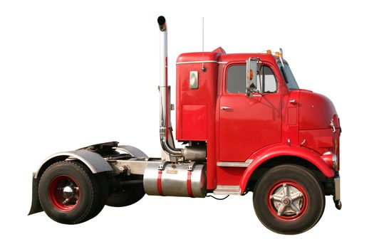 This is an early historic 1950s retro red single axle diesel truck isolated on white.
