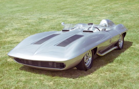 A silver convertible sports car in a green grassy field on a sunny day.
