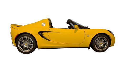 this is a brand new yellow sports car with a targa style convertible top, isolated on a white background.