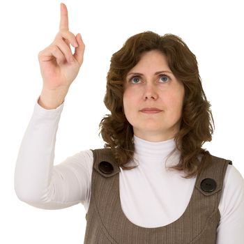 Young woman showing up to forefinger on the white