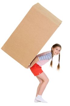 Girl holding very heavy brown cardboard box on the white