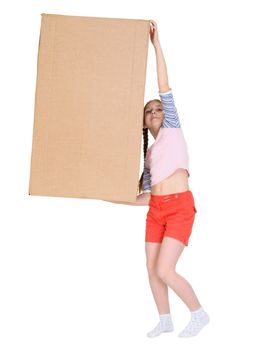 Girl holding very heavy brown cardboard box on the white