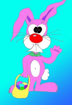 A pink bunny rabbit with a red nose holding an easter basket full of eggs.