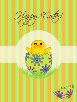 Happy Easter Chick Hatching from Floral Egg Illustration