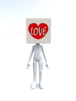 Abstract concept image showing a carton figure, with a square head of love. 