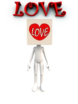 Abstract concept image showing a carton figure, with a square head of love. 