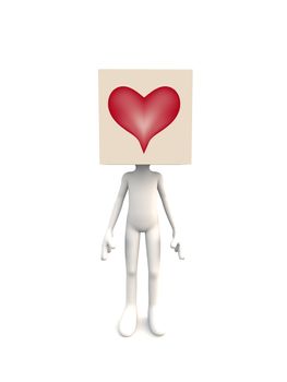 Abstract concept image showing a carton figure, with a square head of love. 
