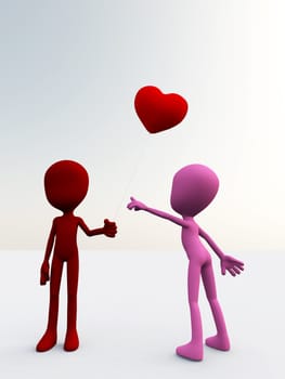 Concept image showing a female cartoon figure pointing at a heart shaped balloon. 