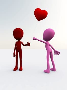 Concept image showing a female cartoon figure pointing at a heart shaped balloon. 