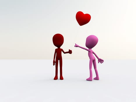 Concept image showing a female cartoon figure pointing at a heart shaped balloon. 