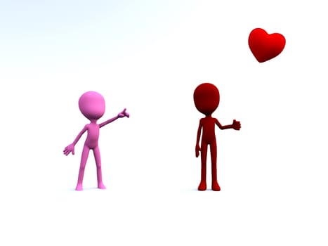 Concept image showing a female cartoon figure pointing at a heart shaped balloon. 