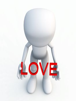 Concept image showing a cartoon figure holding the word love. 