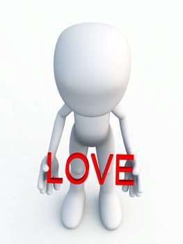 Concept image showing a cartoon figure holding the word love. 