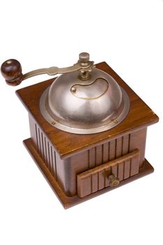 A composition of a coffee grinder on a white background 