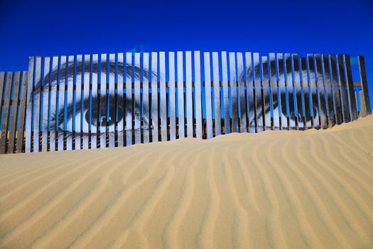 Superposed eyes on the boards of a dune of Cortadura's beach ( Cádiz )