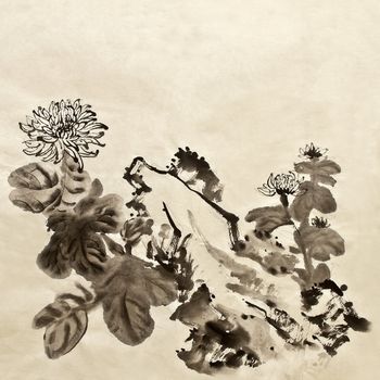 Chinese traditional painting of garden with chrysanthemum flowers on art paper.
