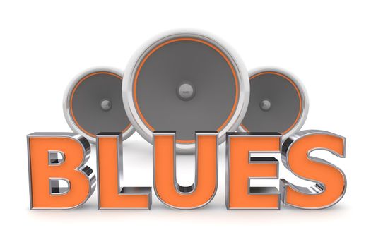 word Blues with three speakers in background - orange style