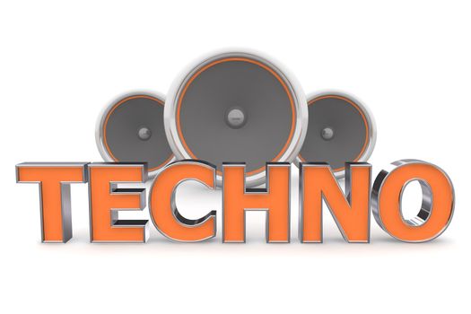 word Techno with three speakers in background - orange style