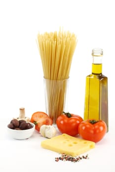 Ingredients for cooking italian pasta over white