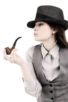Portrait of a young beautiful brunette with pipe